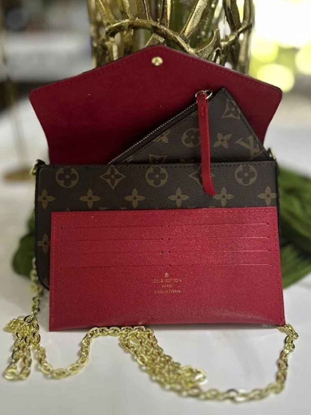 Brown Envelope Crossbody Bag Gold Chain Red Wallet Insert Set